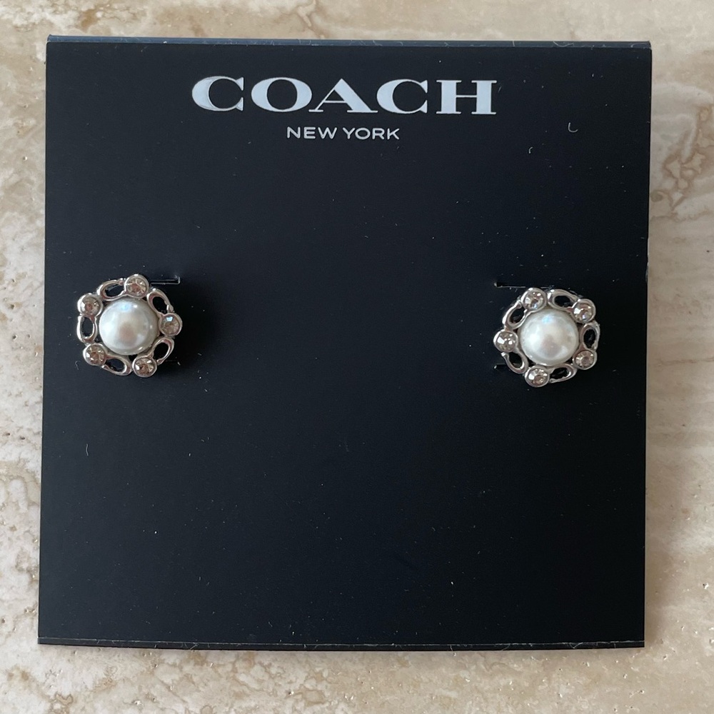 NWT COACH Faux Pearl & Crystal Logo Stud Earrings